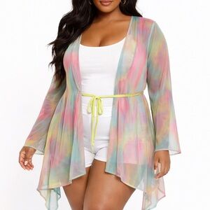 Byrn Walker XL Watercolor Tie-Dye Mesh Cardigan – Boho Layering Drape Jacket